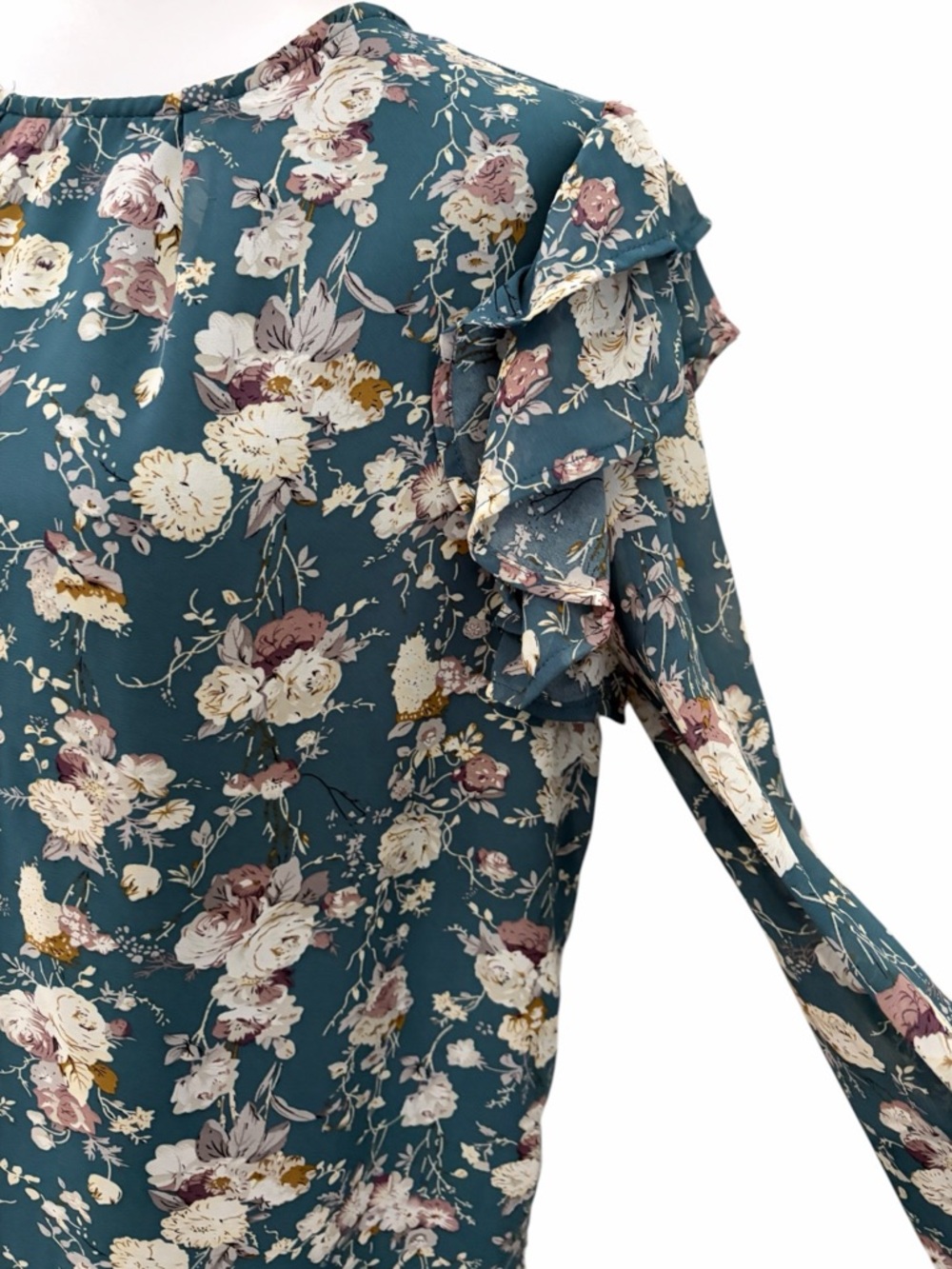 Hayden Los Angeles Teal Floral Blouse Ruffle Spring Cottagecore Romantic Medium - Picture 5 of 7